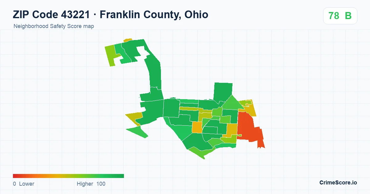 ZIP Code 43221 in Franklin County, Ohio neighborhood Safety Score map