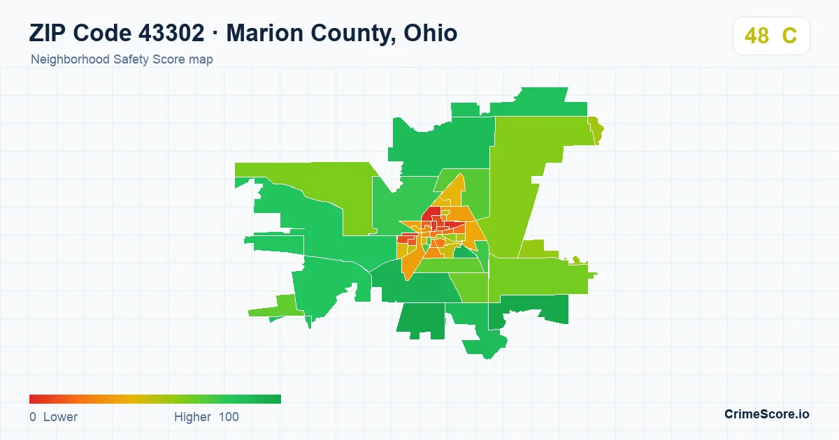 ZIP Code 43302 in Marion County, Ohio neighborhood Safety Score map