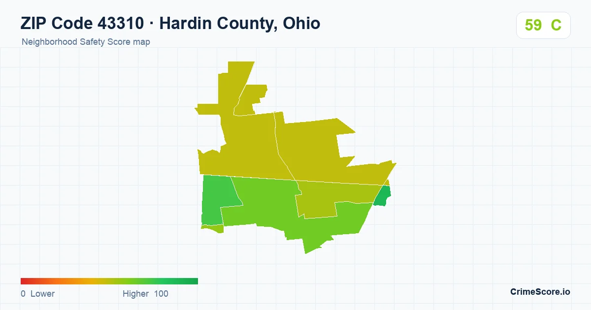 ZIP Code 43310 in Hardin County, Ohio neighborhood Safety Score map