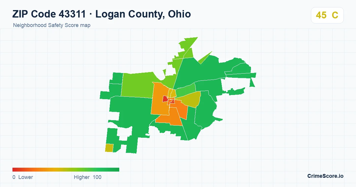 ZIP Code 43311 in Logan County, Ohio neighborhood Safety Score map