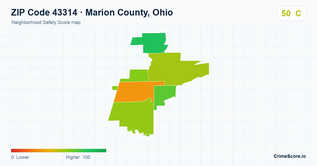 ZIP Code 43314 in Marion County, Ohio neighborhood Safety Score map