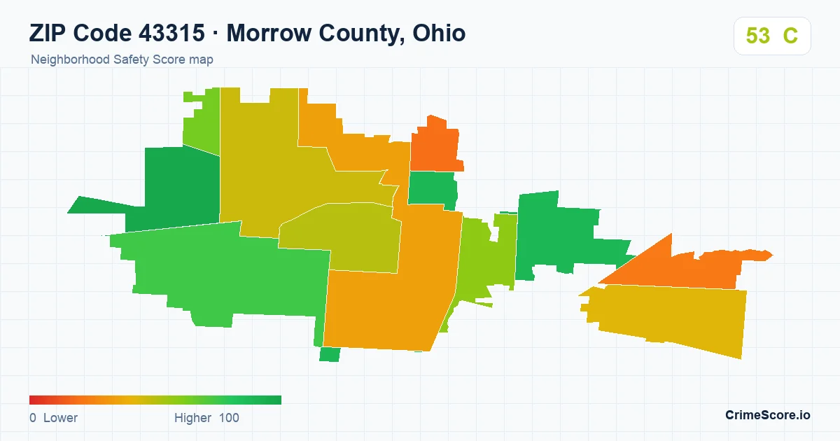 ZIP Code 43315 in Morrow County, Ohio neighborhood Safety Score map
