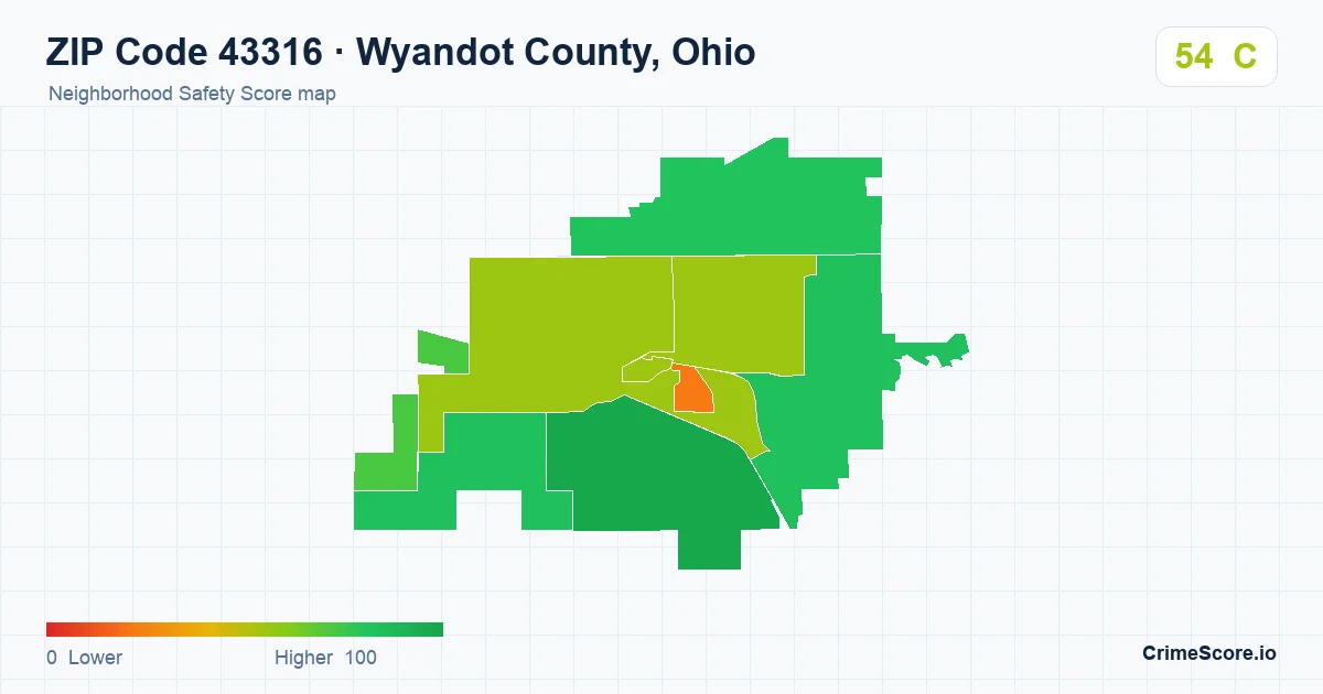 ZIP Code 43316 in Wyandot County, Ohio neighborhood Safety Score map