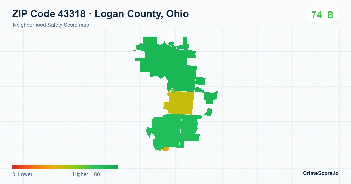 ZIP Code 43318 in Logan County, Ohio neighborhood Safety Score map