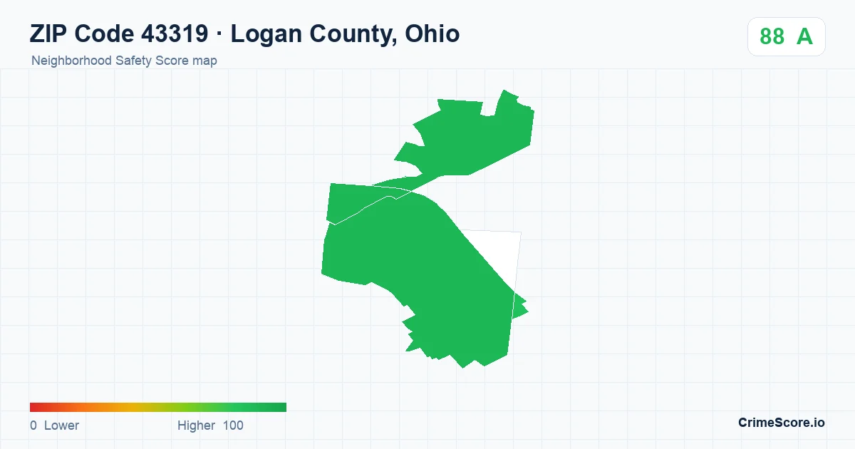 ZIP Code 43319 in Logan County, Ohio neighborhood Safety Score map
