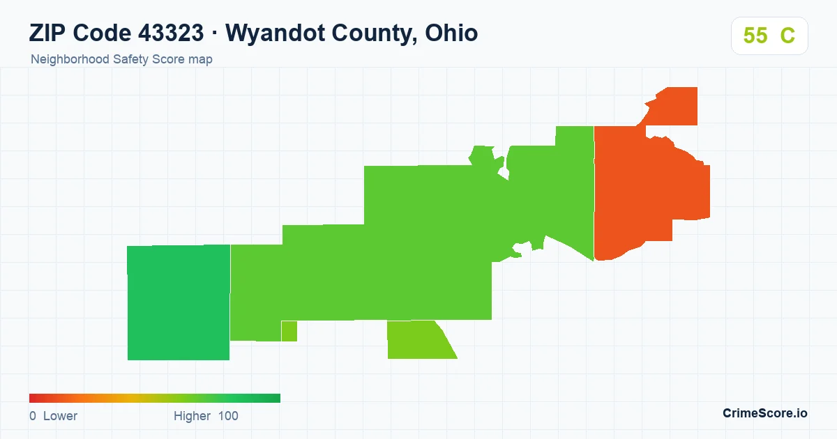ZIP Code 43323 in Wyandot County, Ohio neighborhood Safety Score map