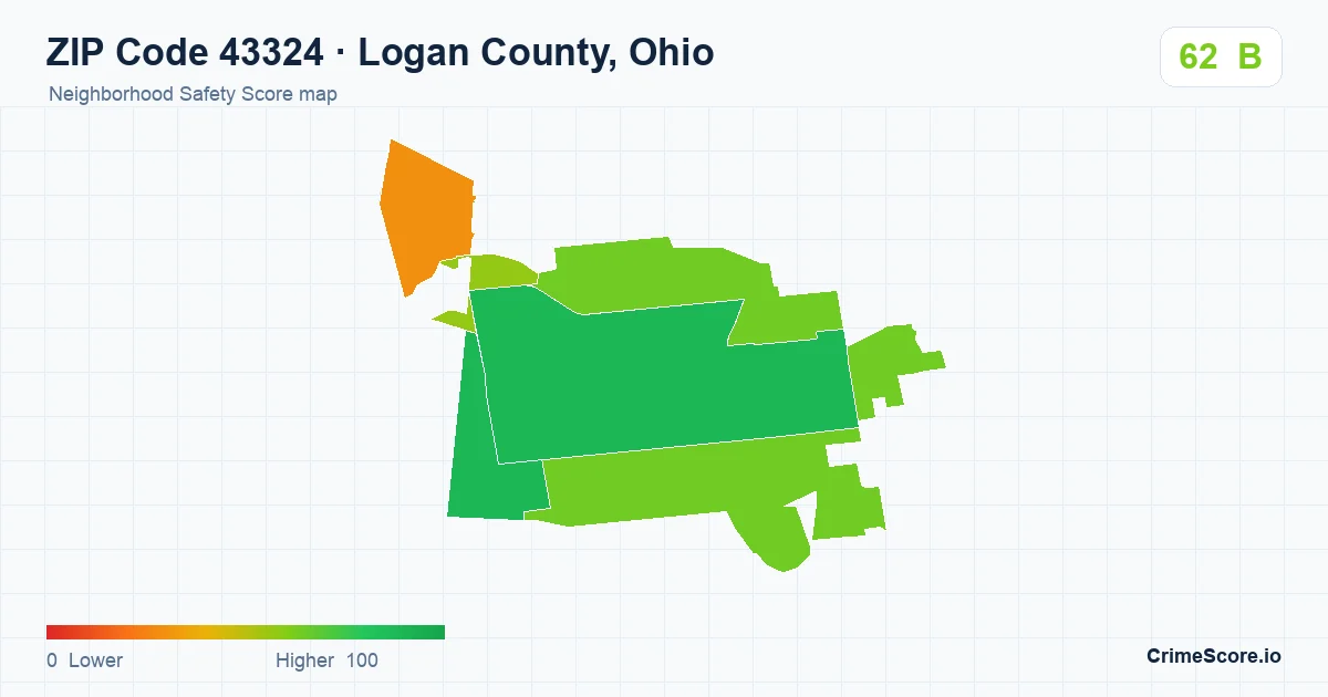 ZIP Code 43324 in Logan County, Ohio neighborhood Safety Score map