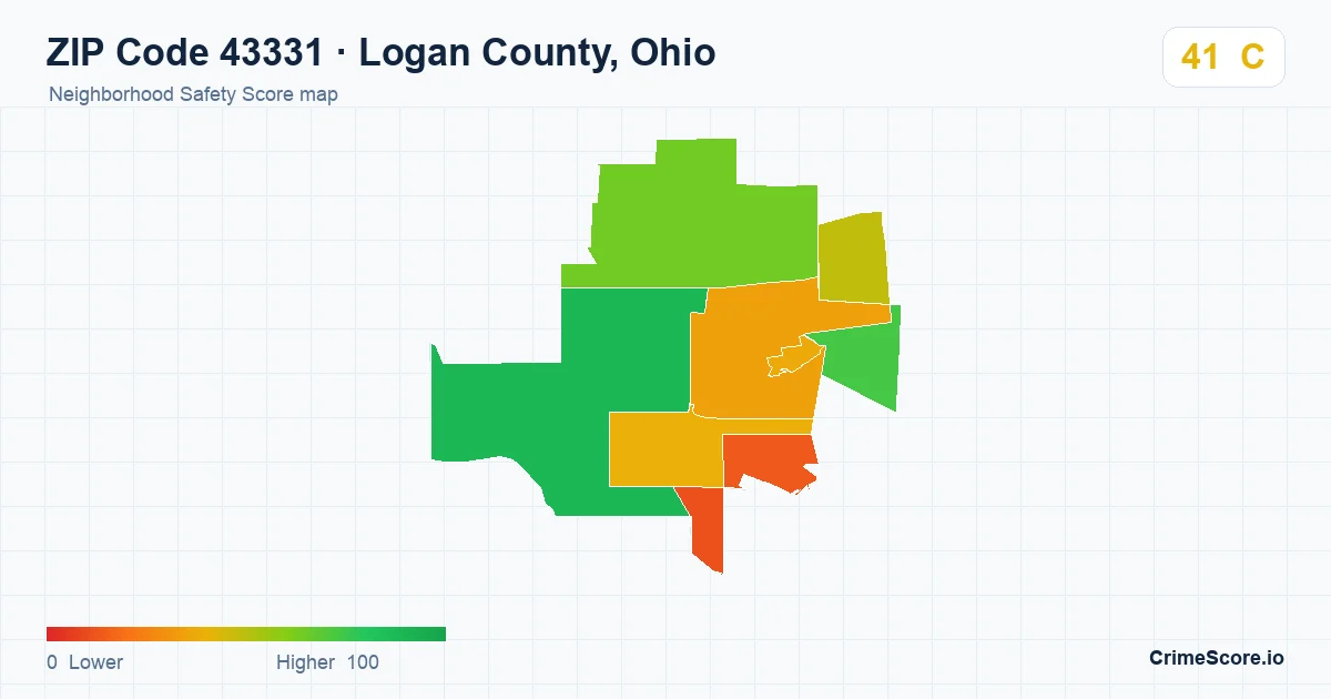 ZIP Code 43331 in Logan County, Ohio neighborhood Safety Score map
