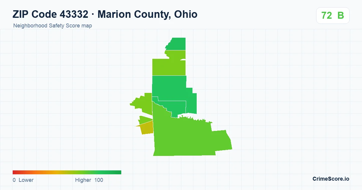 ZIP Code 43332 in Marion County, Ohio neighborhood Safety Score map