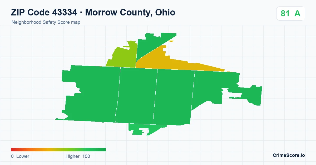 ZIP Code 43334 in Morrow County, Ohio neighborhood Safety Score map