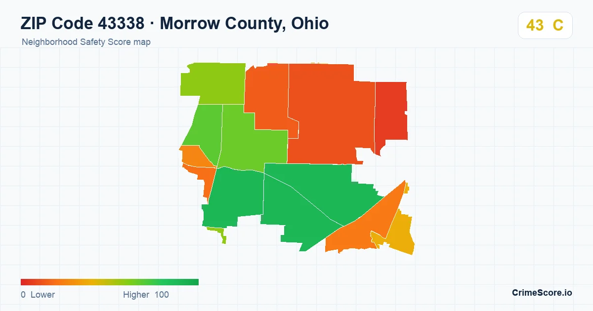 ZIP Code 43338 in Morrow County, Ohio neighborhood Safety Score map