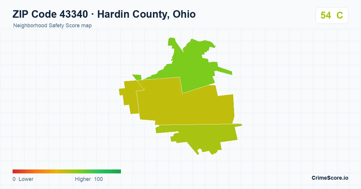 ZIP Code 43340 in Hardin County, Ohio neighborhood Safety Score map