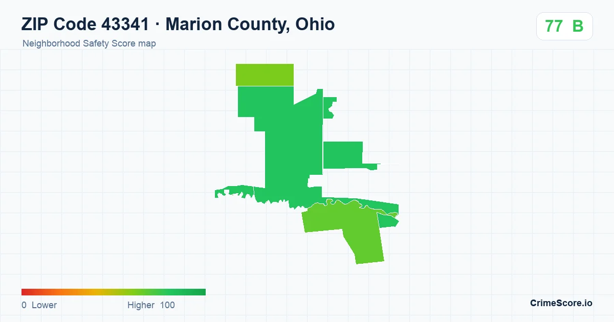 ZIP Code 43341 in Marion County, Ohio neighborhood Safety Score map