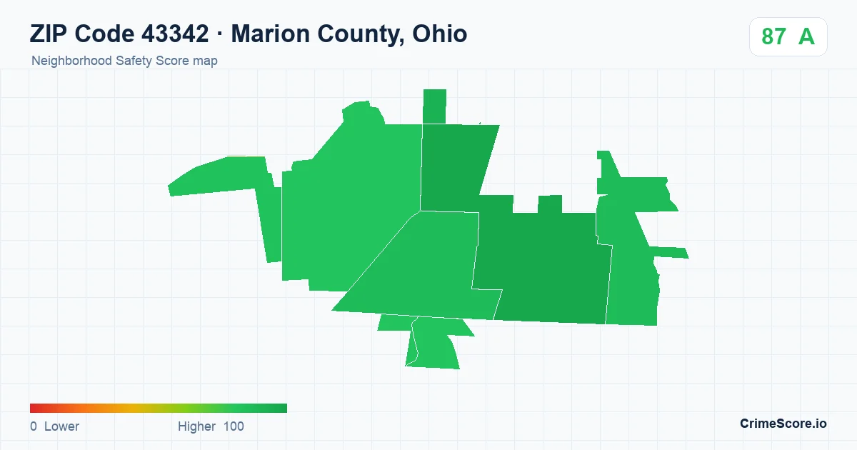 ZIP Code 43342 in Marion County, Ohio neighborhood Safety Score map