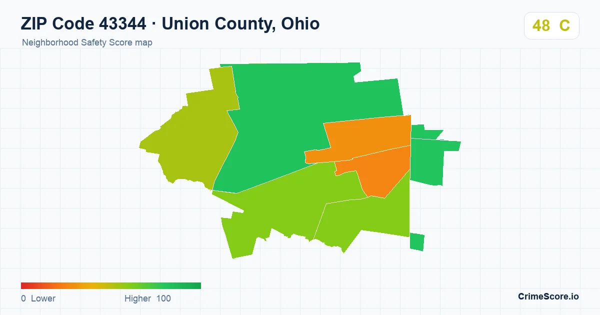 ZIP Code 43344 in Union County, Ohio neighborhood Safety Score map