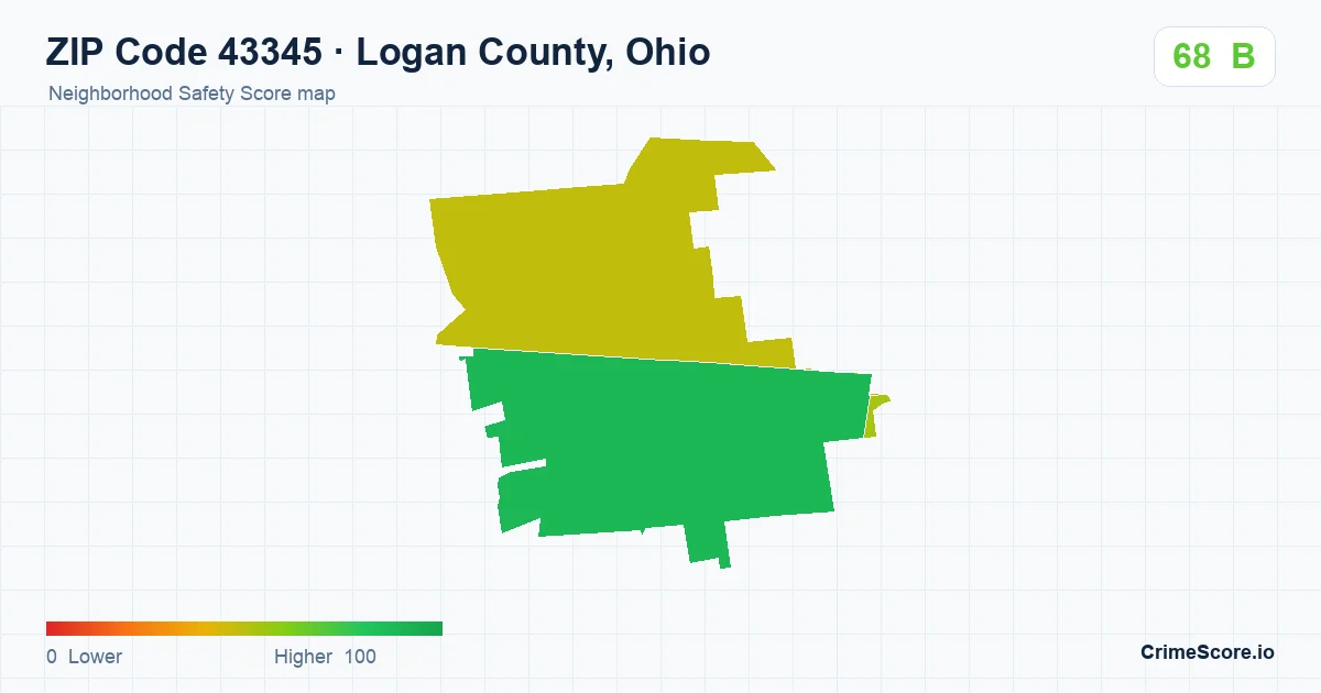 ZIP Code 43345 in Logan County, Ohio neighborhood Safety Score map