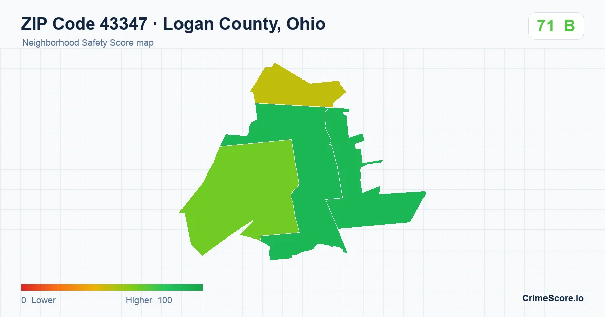 ZIP Code 43347 in Logan County, Ohio neighborhood Safety Score map