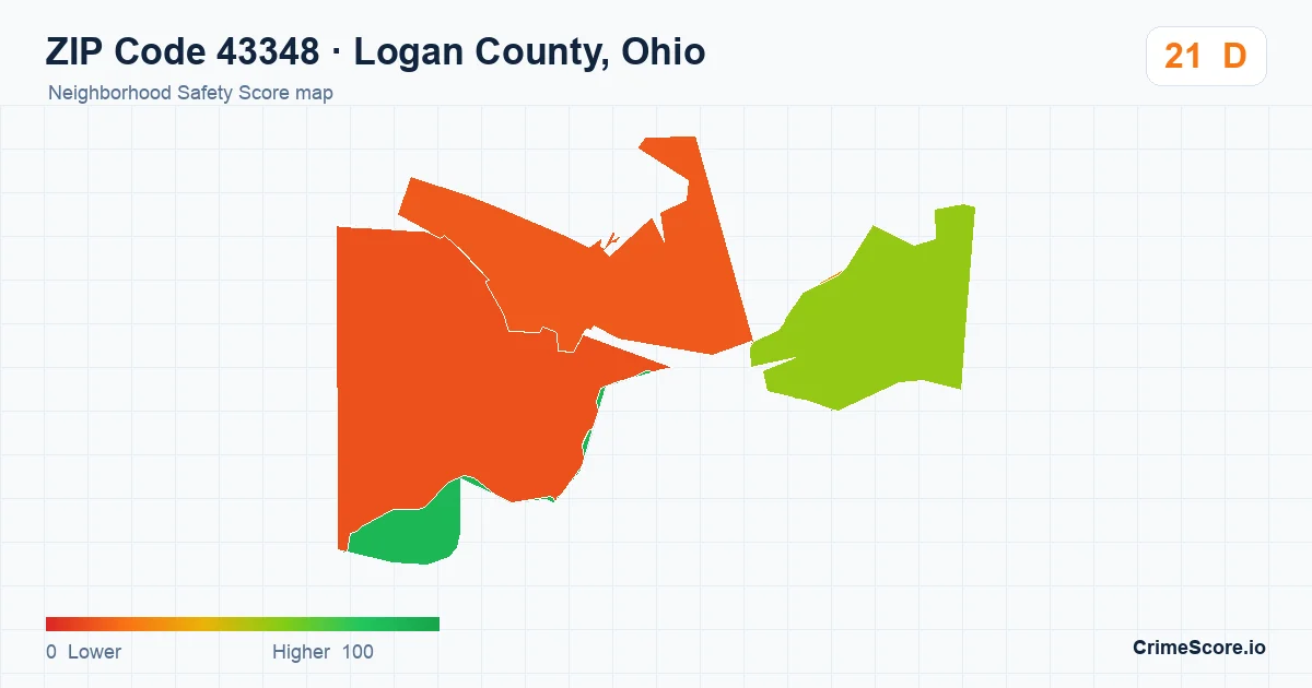 ZIP Code 43348 in Logan County, Ohio neighborhood Safety Score map