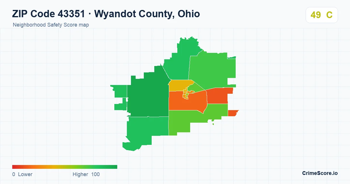 ZIP Code 43351 in Wyandot County, Ohio neighborhood Safety Score map