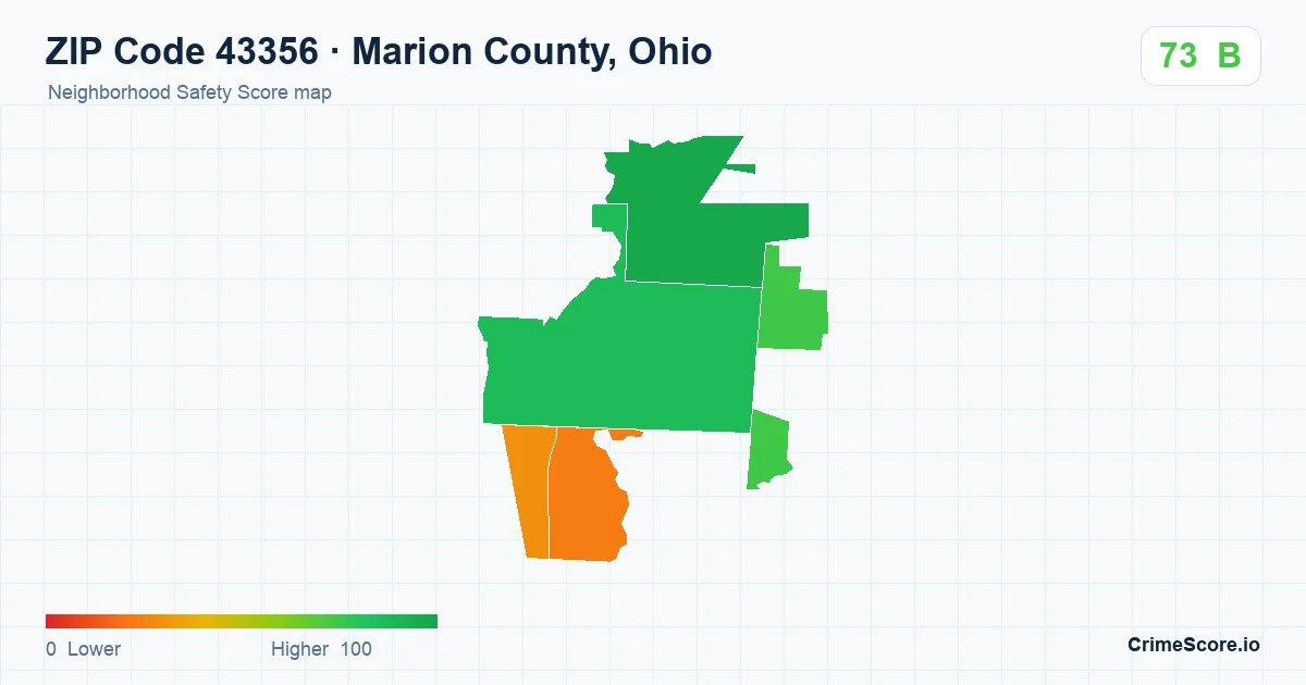 ZIP Code 43356 in Marion County, Ohio neighborhood Safety Score map