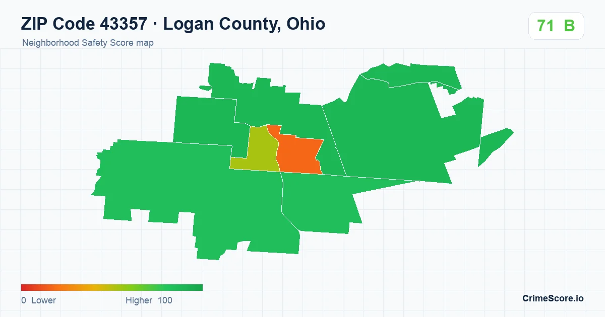 ZIP Code 43357 in Logan County, Ohio neighborhood Safety Score map
