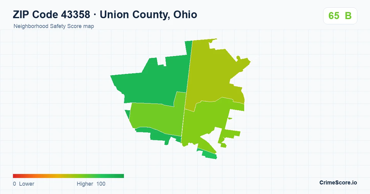 ZIP Code 43358 in Union County, Ohio neighborhood Safety Score map