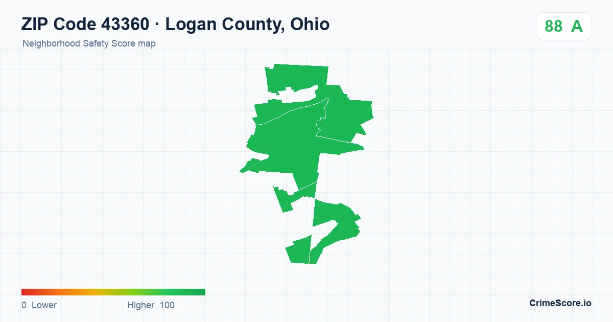 ZIP Code 43360 in Logan County, Ohio neighborhood Safety Score map