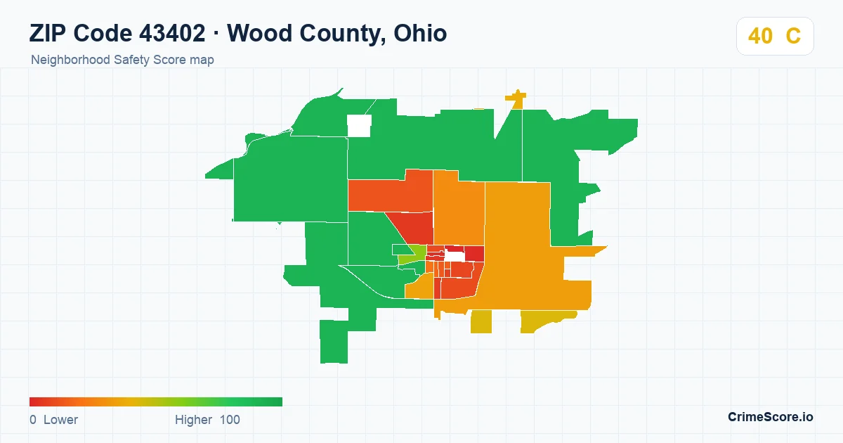 ZIP Code 43402 in Wood County, Ohio neighborhood Safety Score map