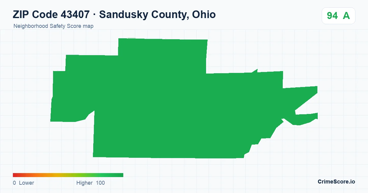 ZIP Code 43407 in Sandusky County, Ohio neighborhood Safety Score map