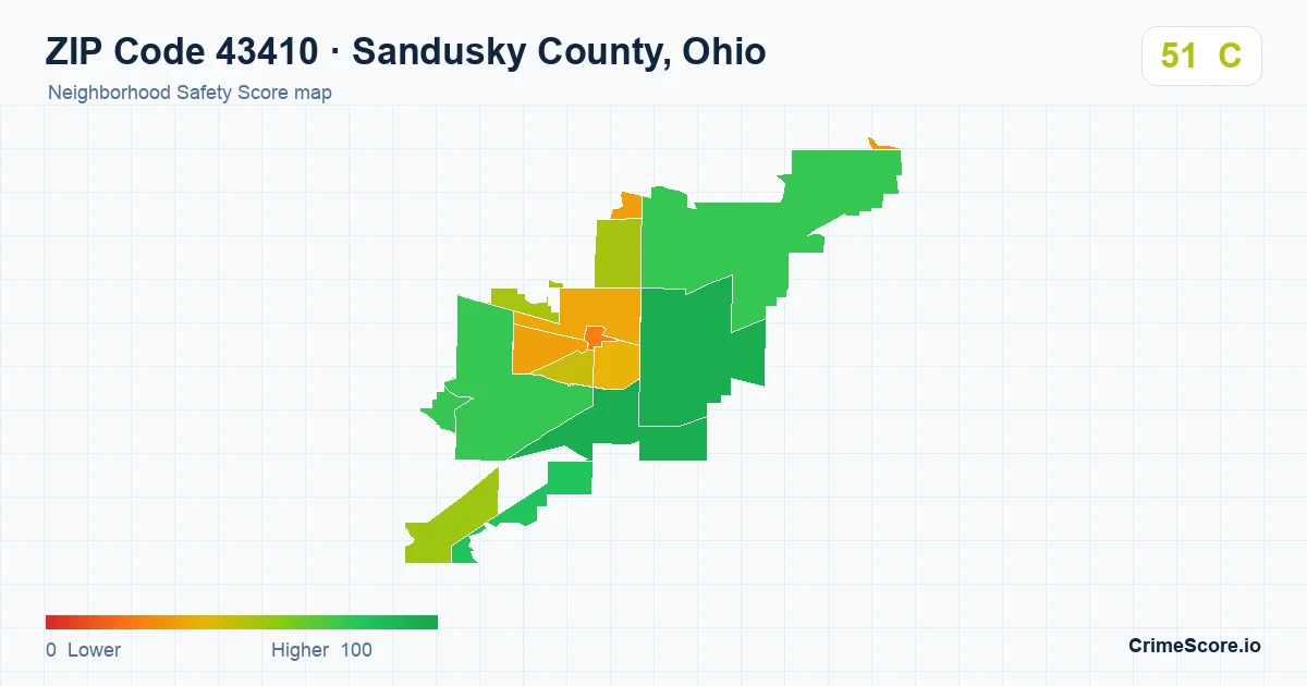 ZIP Code 43410 in Sandusky County, Ohio neighborhood Safety Score map