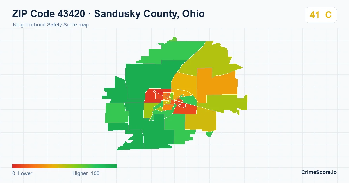ZIP Code 43420 in Sandusky County, Ohio neighborhood Safety Score map