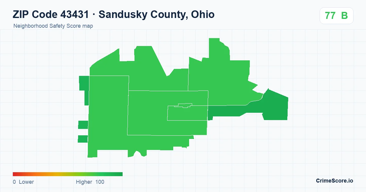 ZIP Code 43431 in Sandusky County, Ohio neighborhood Safety Score map