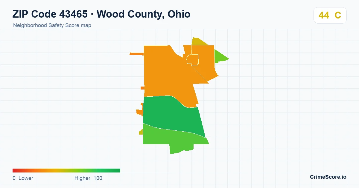 ZIP Code 43465 in Wood County, Ohio neighborhood Safety Score map