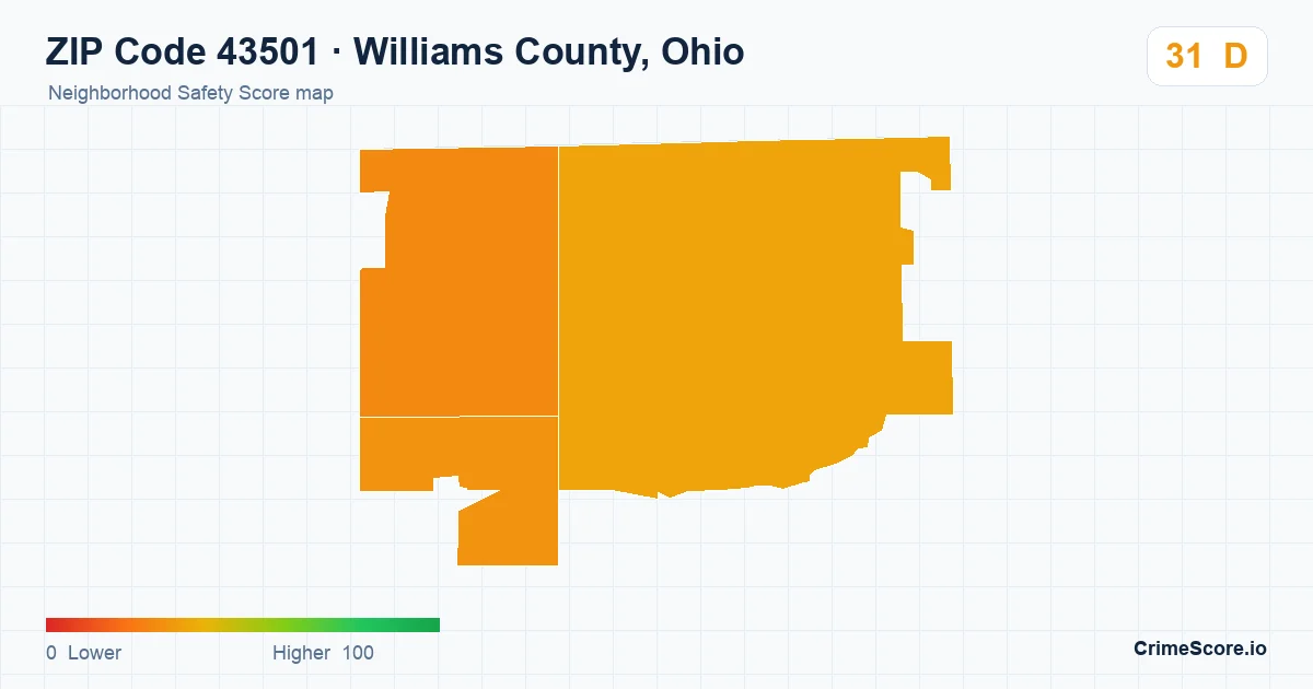 ZIP Code 43501 in Williams County, Ohio neighborhood Safety Score map