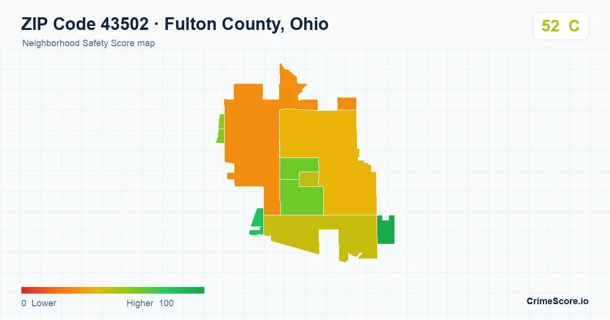 ZIP Code 43502 in Fulton County, Ohio neighborhood Safety Score map