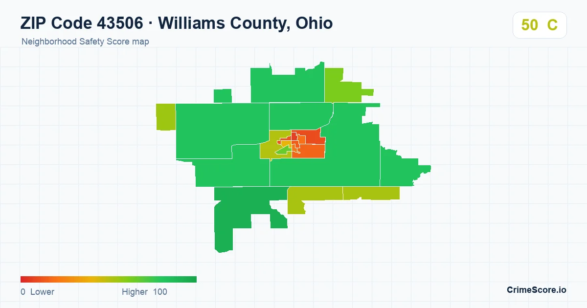 ZIP Code 43506 in Williams County, Ohio neighborhood Safety Score map