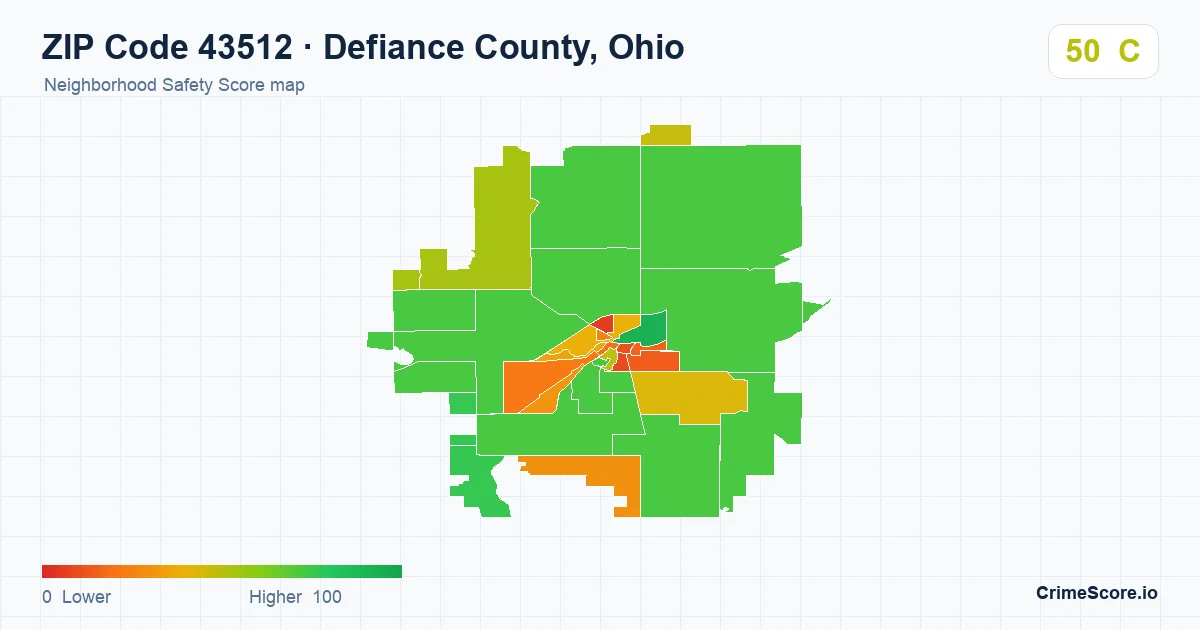 ZIP Code 43512 in Defiance County, Ohio neighborhood Safety Score map