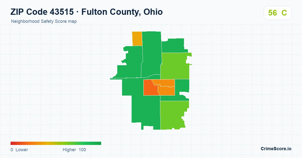 ZIP Code 43515 in Fulton County, Ohio neighborhood Safety Score map