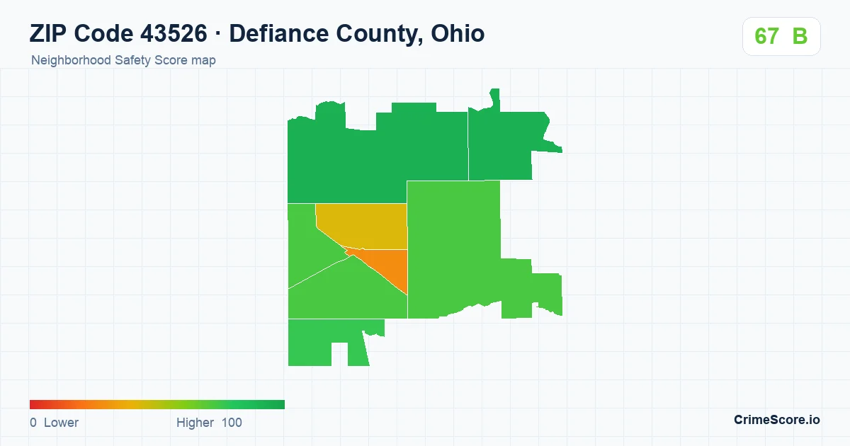 ZIP Code 43526 in Defiance County, Ohio neighborhood Safety Score map