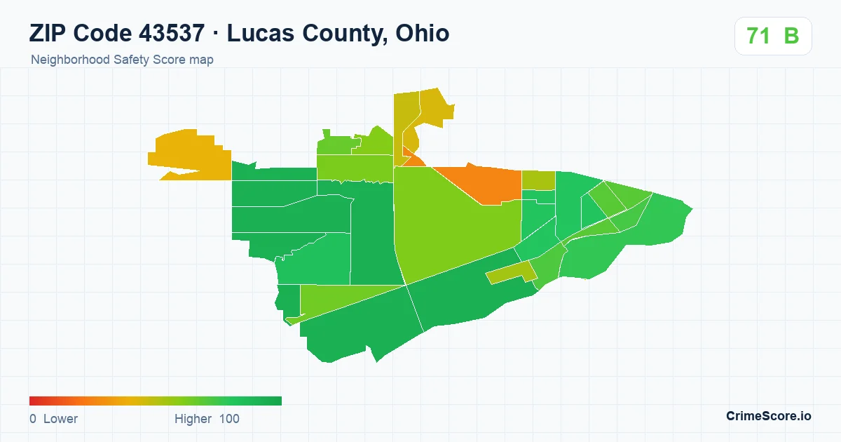 ZIP Code 43537 in Lucas County, Ohio neighborhood Safety Score map