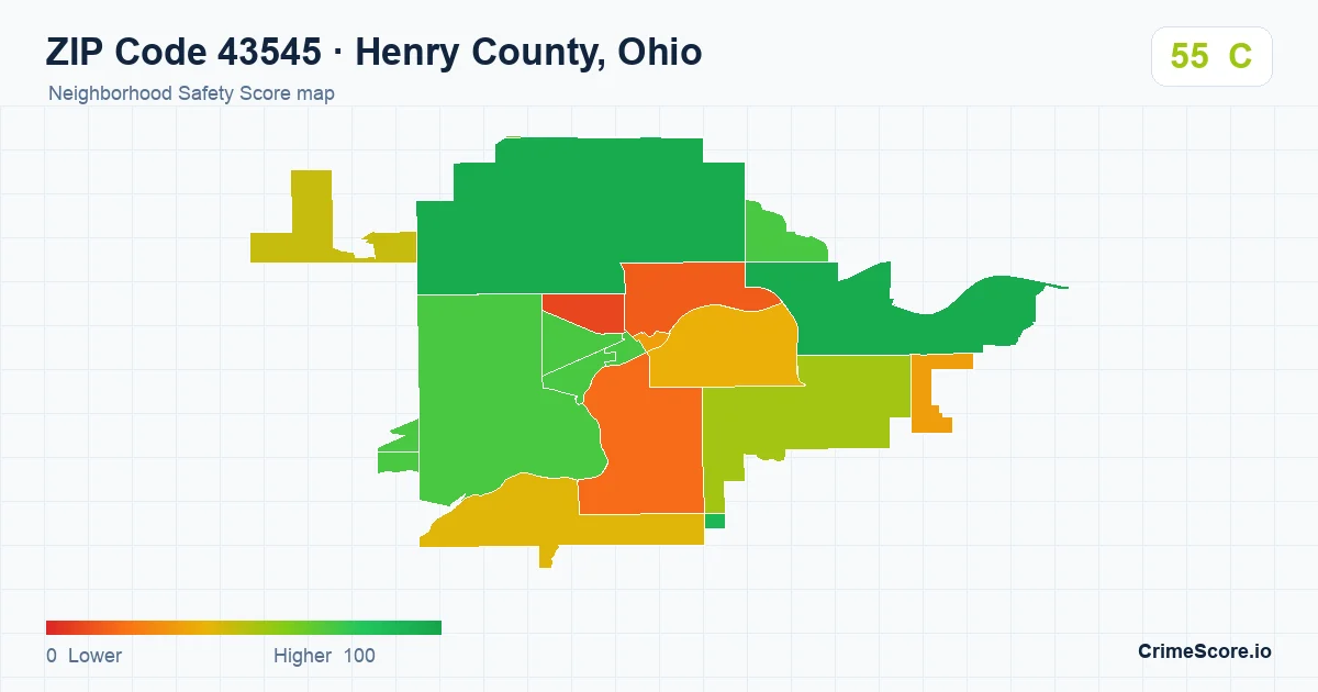 ZIP Code 43545 in Henry County, Ohio neighborhood Safety Score map
