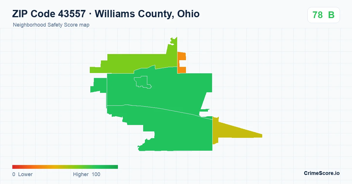 ZIP Code 43557 in Williams County, Ohio neighborhood Safety Score map
