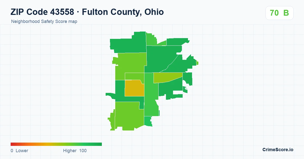 ZIP Code 43558 in Fulton County, Ohio neighborhood Safety Score map