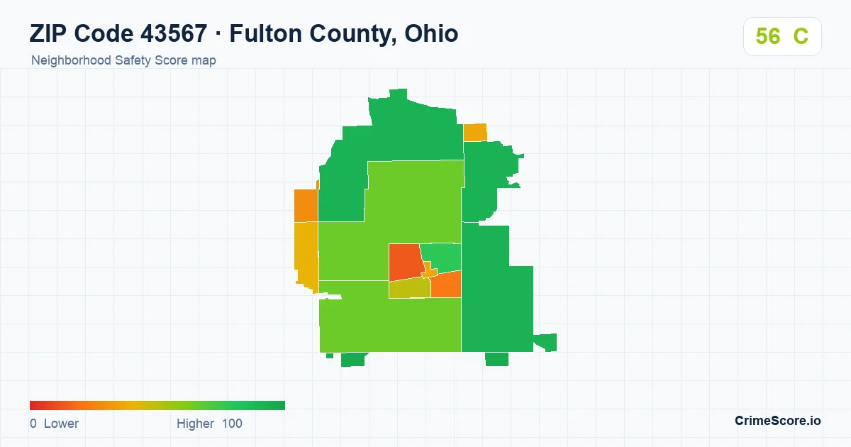 ZIP Code 43567 in Fulton County, Ohio neighborhood Safety Score map