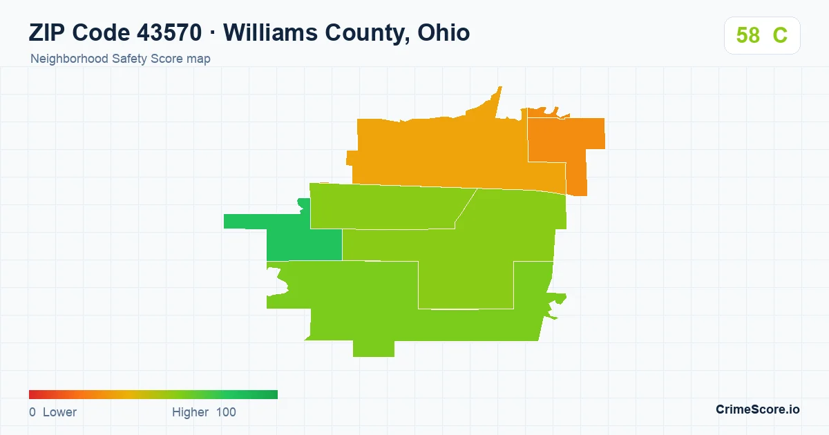 ZIP Code 43570 in Williams County, Ohio neighborhood Safety Score map