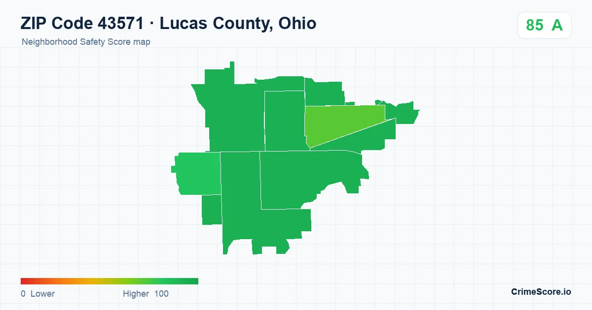 ZIP Code 43571 in Lucas County, Ohio neighborhood Safety Score map