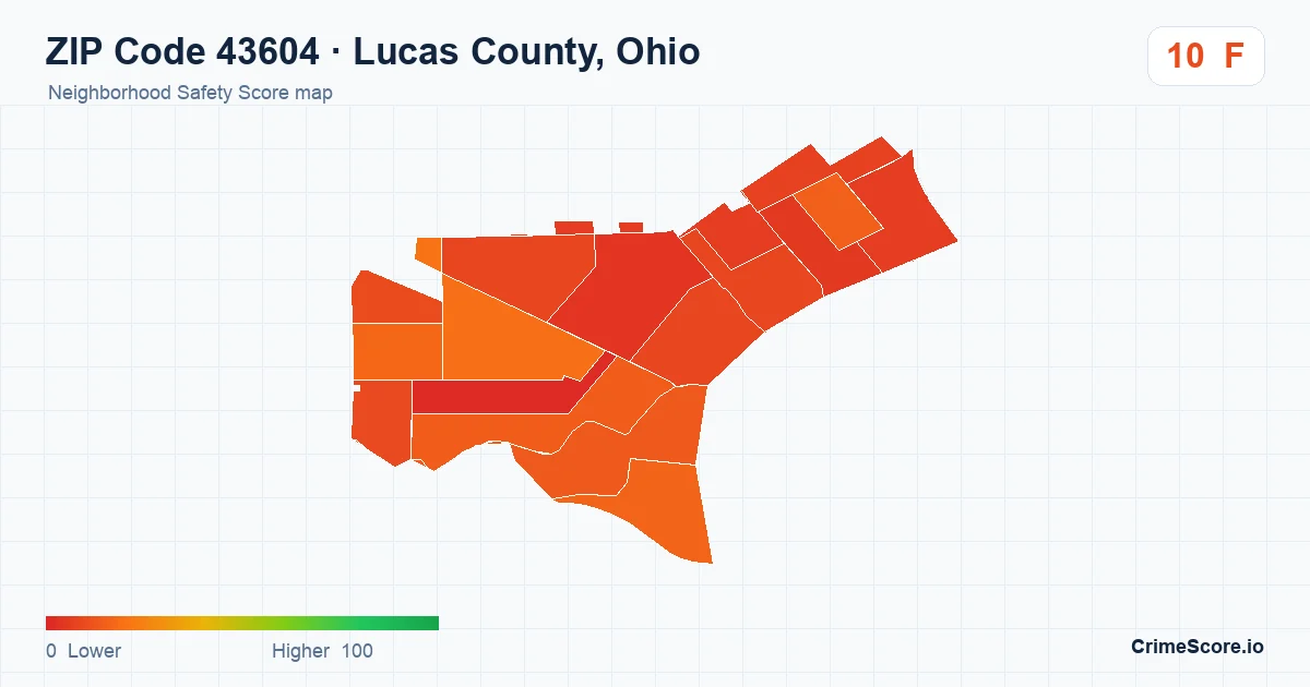 ZIP Code 43604 in Lucas County, Ohio neighborhood Safety Score map
