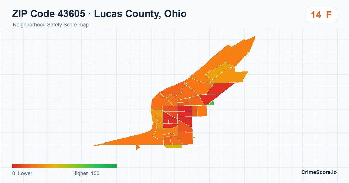 ZIP Code 43605 in Lucas County, Ohio neighborhood Safety Score map
