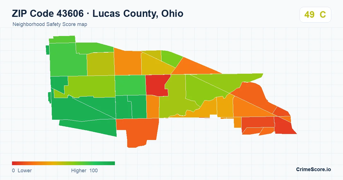 ZIP Code 43606 in Lucas County, Ohio neighborhood Safety Score map