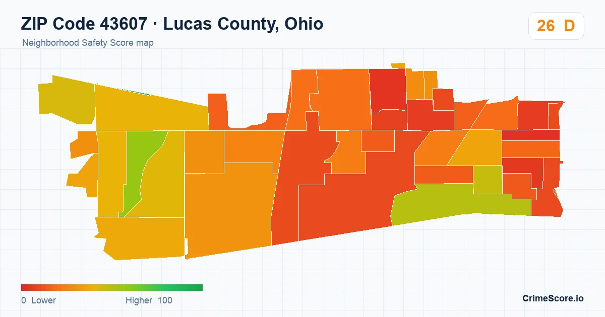 ZIP Code 43607 in Lucas County, Ohio neighborhood Safety Score map
